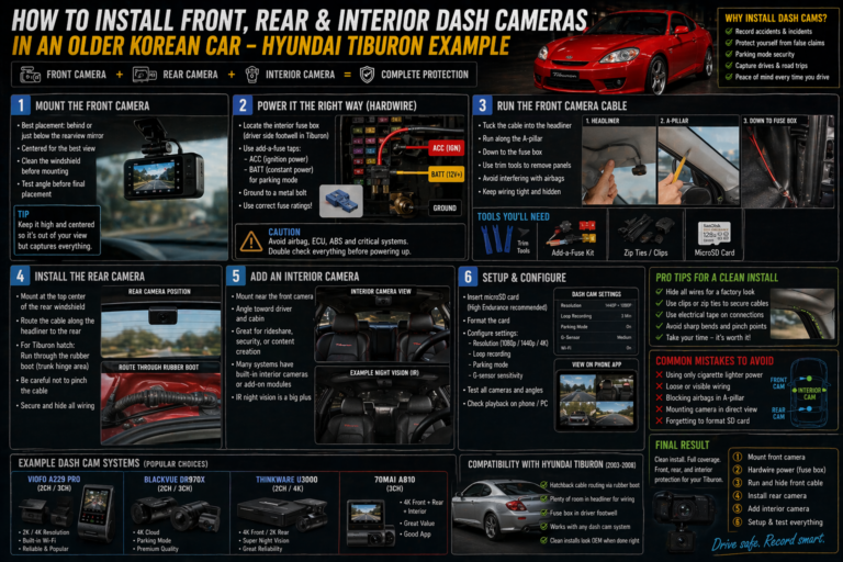 How to Install Front, Rear, and Interior Dash Cameras in an Older Korean Car (Hyundai Tiburon Example)